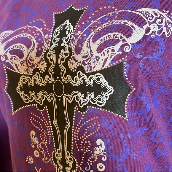 Bit & Bridle Womens Purple Long Sleeve Black Cross Rhinestone Pullover Shirt M - Picture 3 of 14